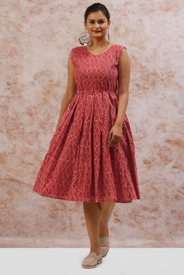 Spring-Peach summer frock with little pleats from the waist and tie up at the waist-azo free dye hand block