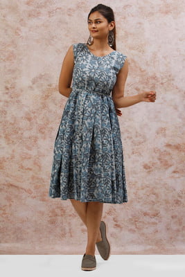 Santorni-Santorni blue grey summer frock with little pleats from the waist and tie up at the waist-azo free dye hand block