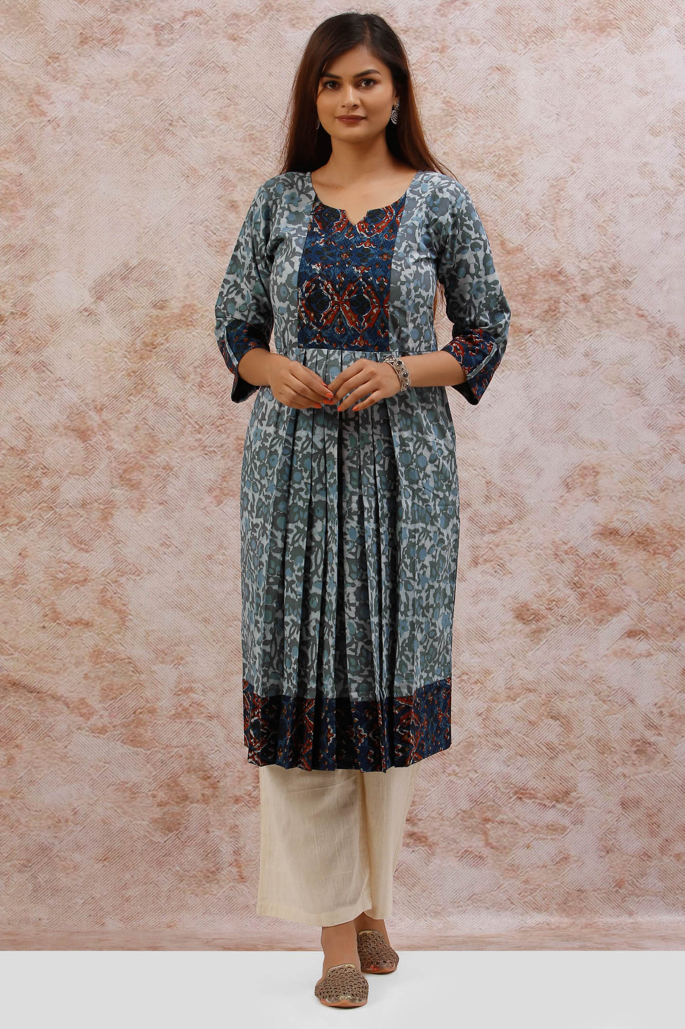 Kashish-Grey Dabu pleated kurti dress-Azo free dye hand block-Azo free hand block