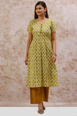 Butta-Corn yellow aline kurti with pintec yoke details-Azo free hand block