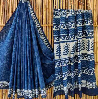 Saree-Handblock printed-Natural Dye-Indigo Saree with blouse