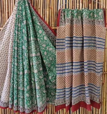 Saree-Handblock printed-Natural Dye-Green with white flower Saree with blouse